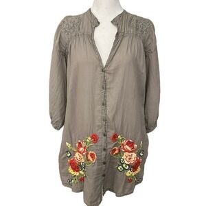 Johnny Was Womens Embroidered Floral Tunic Blouse Puff Long Sleeve Cotton Gray M
